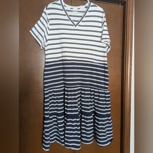 Lands’ End Navy & Cream Striped Tiered Midi Dress – Size L